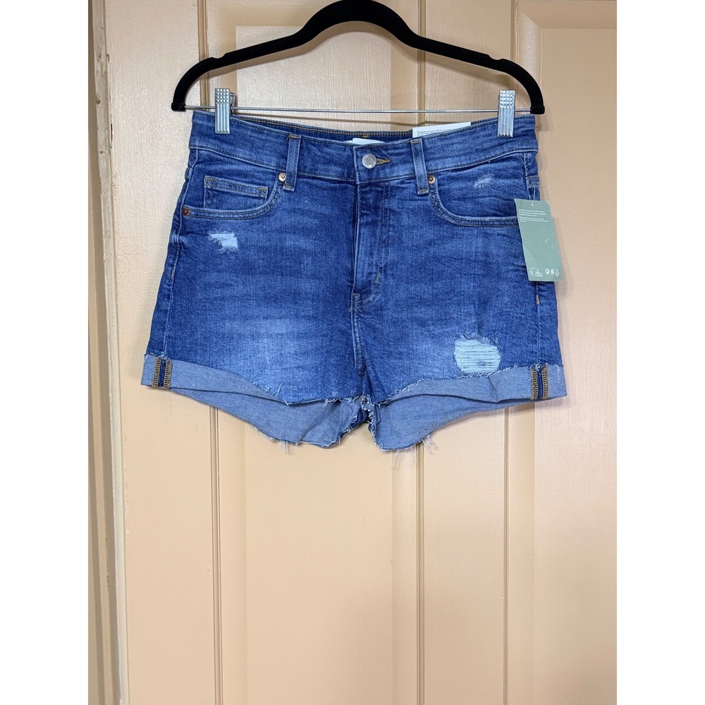 HM Womens Regular Waist Stretch Denim Shorts Blue Distressed Cuffed Size 8 NEW